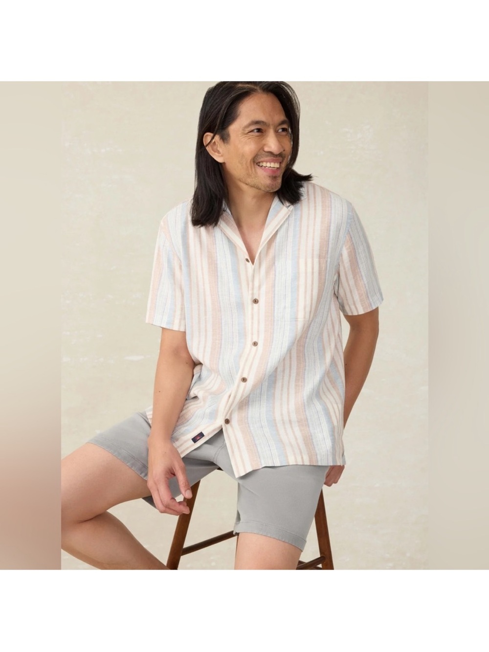 FAHERTY Short-Sleeve Breeze Camp Shirt - Golden Beach Stripe